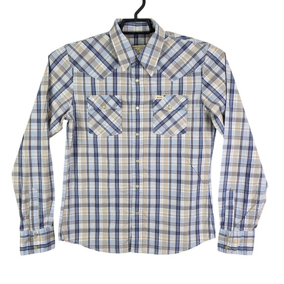 Mens Hollister Co Western Style Tan Blue Plaid Shirt Pearl Snap Button Up Size S - Picture 1 of 9